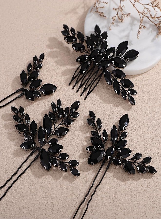Xerling Wedding Hair Comb Black Rhinestone Hair Pins Brides Bridal Hair Jewelry Accessories Women Headpieces for Prom Party Festival 4Pcs (Black) - Image 2